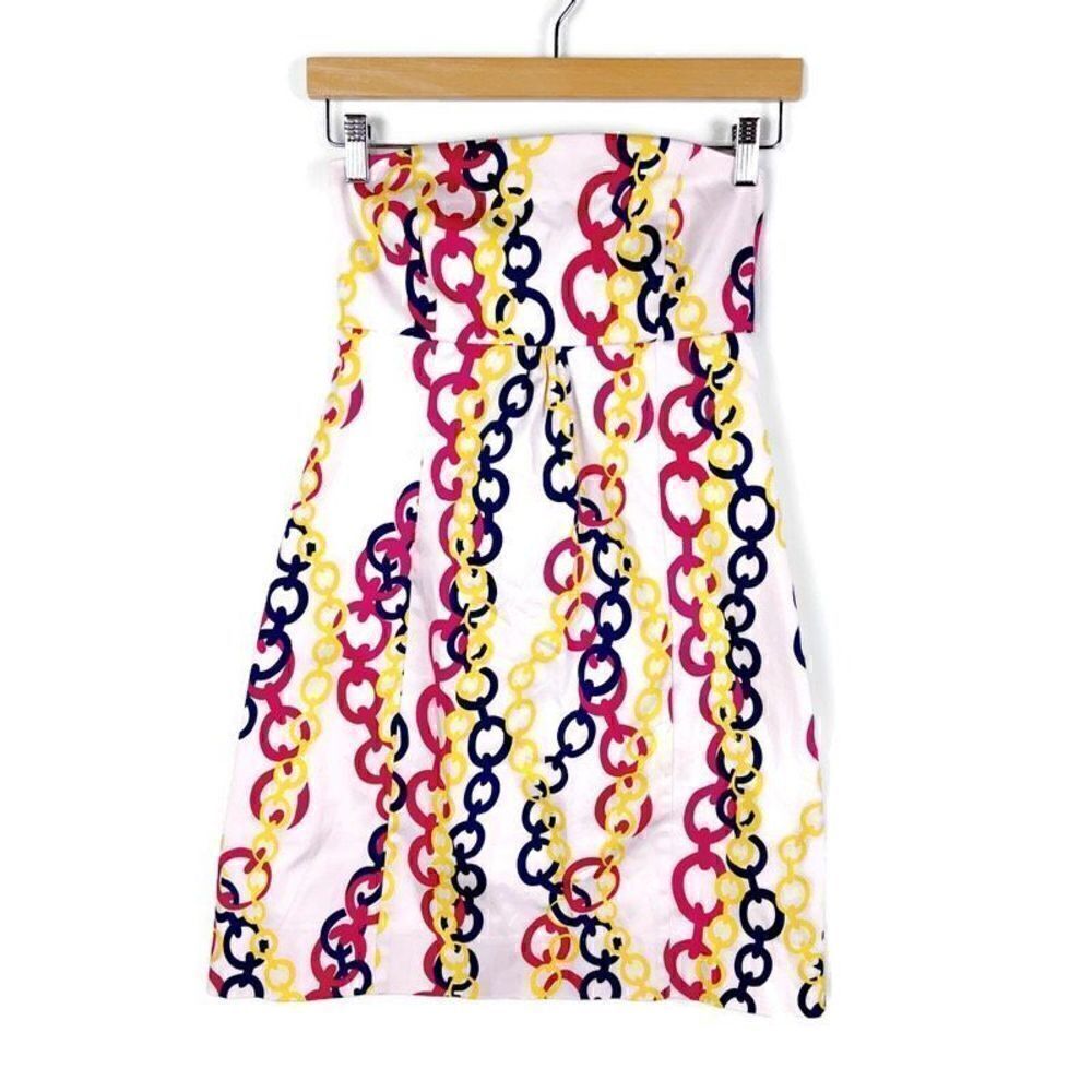 Britt Ryan Strapless Mini Dress Chain Print Preppy White Pink Navy Yellow 2